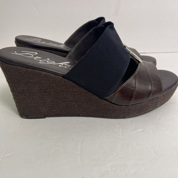 BRIGHTON Dream Brown Black Silver Leather Wedge Slip On Summer Sandals Size 7 - Picture 4 of 11